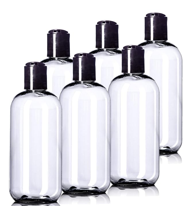 8oz Plastic Bottles (6 Pack) BPA-Free Squeeze Clear Toiletries and Shampoo Containers with Disc Cap, Labels Included for Travel