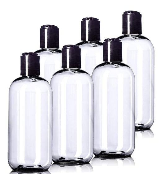 8oz Plastic Bottles (6 Pack) BPA-Free Squeeze Clear Toiletries and Shampoo Containers with Disc Cap, Labels Included for Travel