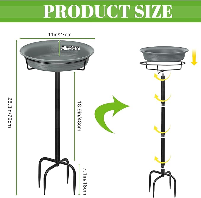 28In Freestanding Birdbaths Bowl Outdoor, Free Standing Garden Bird Bath Bird Feeder Bowl with Metal Stake, Detachable Decoration Spa Birdfeeder for Garden Patio Yard Lawn, 4 Spiky Feet (Grey)