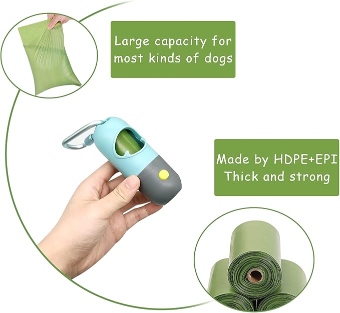 2 Pack Poop Bag Holder with Flashlight Waste Bag Dispenser for Leash with Clip and Battery Poop Bag Dispenser with Green Scented Poop Bags for Dog Walking(Blue,2 Dispenser 60 Bags)