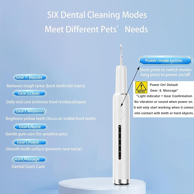 Pet Ultrasonic Plaque Remover,Tooth Cleaning Kit for Tartar and Stains,6 Modes Low Noise Sonic with LED Light,Safe for Dogs and Cat(White)