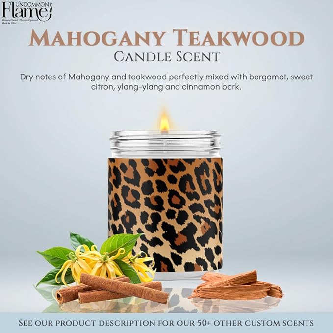 100% Handmade Non-toxic Soy Wax Candle, Warm Woodsy Scent, 120hr Burn, Soot Free, Cotton Wick, 16 oz - Fun Animal Print, Cheetah Design (Leopard Print, Mahogany Teakwood)