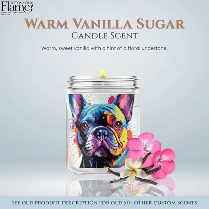 100% Handmade Non-toxic Soy Wax Candle, Warm Sweet Scent, 120hr Burn, Soot Free, Cotton Wick, 16 oz - Gift for Dog Moms & Dads, French Bulldog Lovers (Frenchie, Warm Vanilla Sugar)