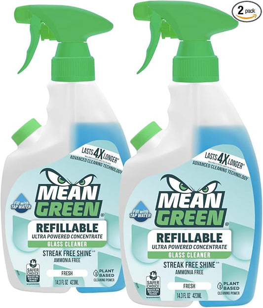 Mean Green Refillable Ultra Powered Glass Cleaner Concentrate, Fresh Scent, 14.3 fl oz (2-Pack) – Plant & Mineral Based, Streak-Free Shine, Refillable Bottle Makes 4X Refills