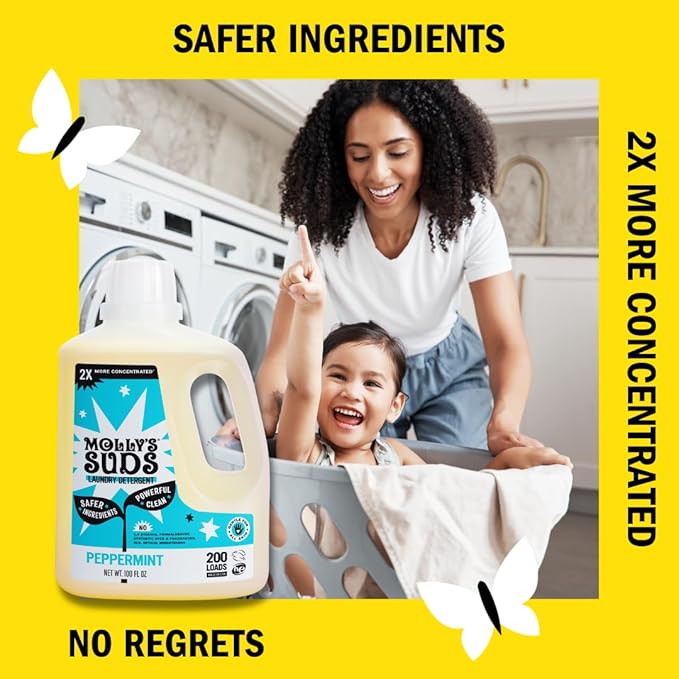 Molly's Suds Liquid Laundry Detergent | Clean Laundry Detergent Soap for Sensitive Skin | 2x Concentrated, High Efficiency (HE) (Peppermint - 200 Loads)