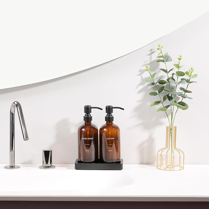 Amber Glass Soap Dispenser Set, Hand Soap and Lotion Set with Black Stainless Steel Pump, Perfect for Modern Bathroom Decor. (Amber)