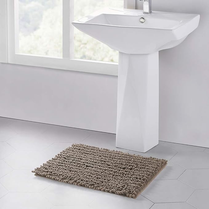 Walensee Bathroom Rug Non Slip Bath Mat (24x17 Inch Taupe) Water Absorbent Super Soft Shaggy Chenille Machine Washable Dry Extra Thick Perfect Absorbant Best Small Plush Carpet for Shower Floor