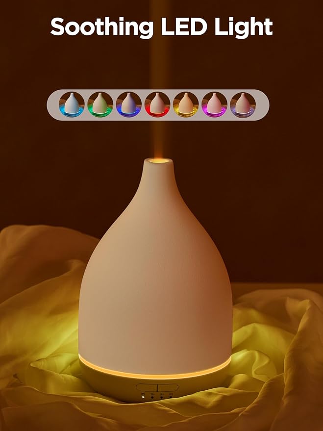 InnoGear Oil Diffuser, 300ML Ceramic Diffuser for Essential Oils Handcrafted Aromatherapy Diffuser Ultrasonic Cool Mist Humidifier with 4 Timers Waterless Auto Off for Room Office, White Base