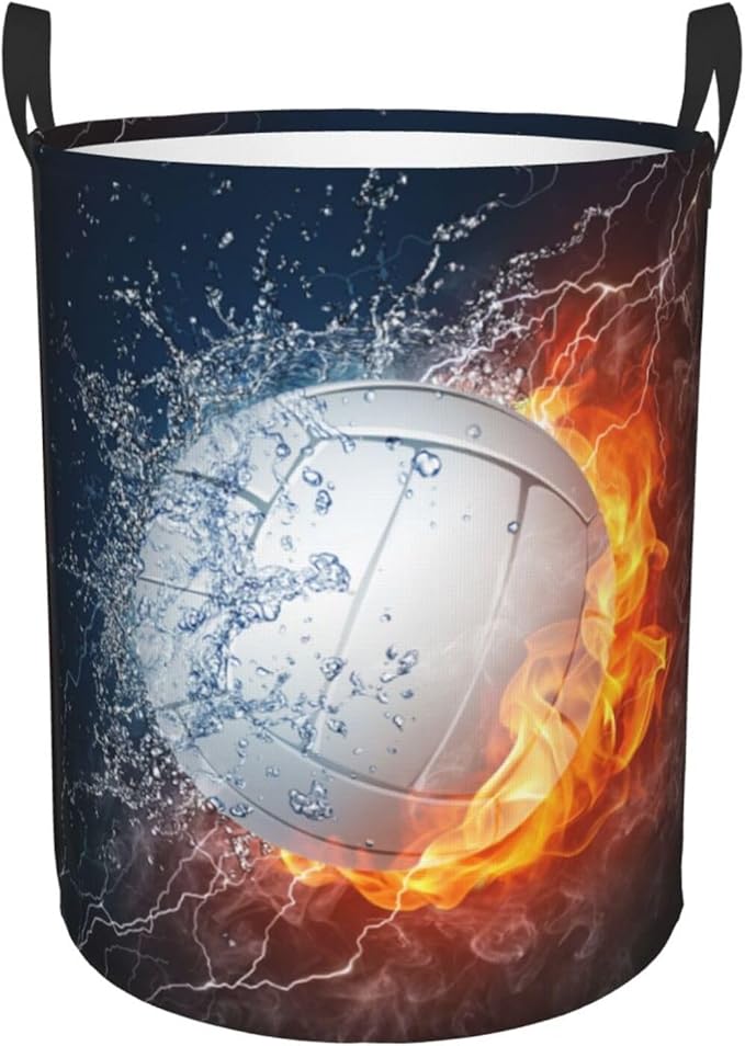 Volleyball Laundry Hamper Bag With Waterproof Liner - Sport Themed Round Laundry Basket Foldable Clothes Storage Organizer For Bathroom Bedroom Nursery Dorm, S-16.5"X 13.8"
