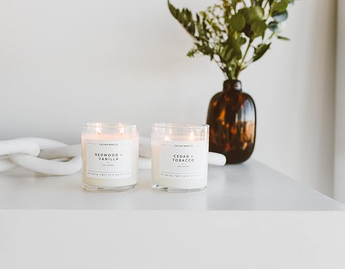 Calyan Wax Co. 2 Wick Candle, Smoke + Leather Scented Candle, 37 Hour Burn Time, Aromatherapy Soy Candles, Non Toxic & Vegan Soy Wax, Glass Tumbler Scented Candles, 8.8oz