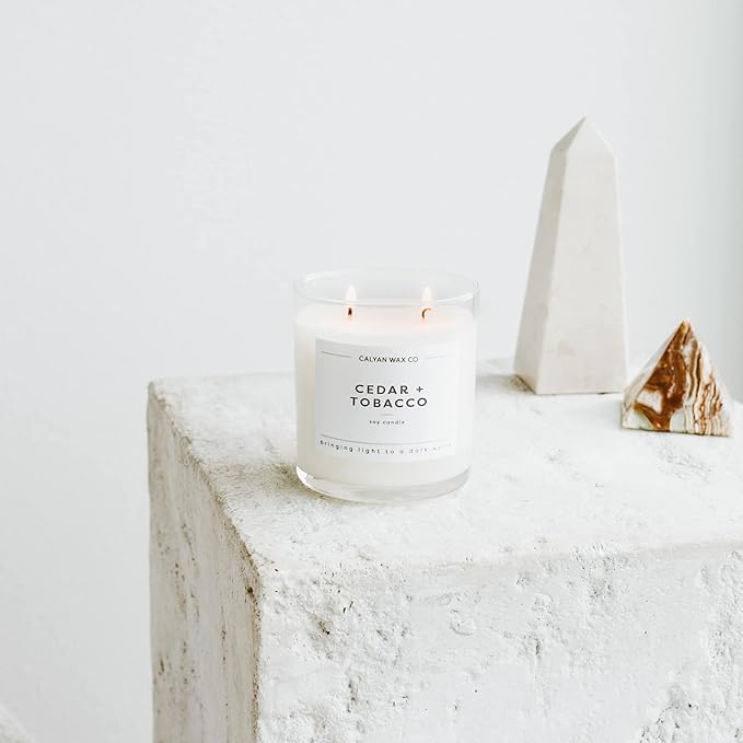 Calyan Wax Co. 2 Wick Candle, Cedar + Tobacco Scented Candle, 37 Hour Burn Time, Aromatherapy Soy Candles, Non Toxic & Vegan Soy Wax, Glass Tumbler Scented Candles, 8.8oz