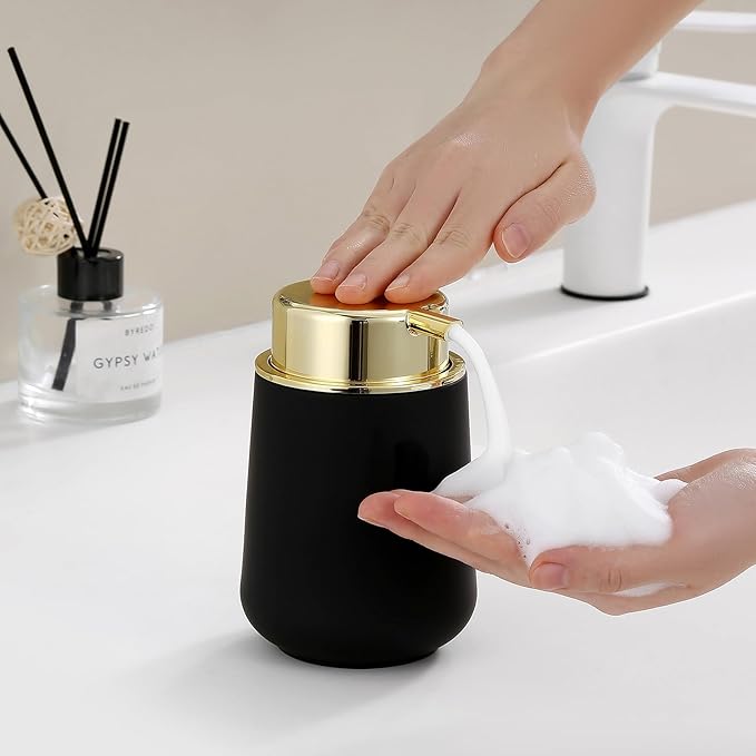 Matte Black and Gold Foaming Hand Soap Dispenser Plastic 11 oz - Modern Luxury Style for Bathroom & Kitchen Countertop Refillable