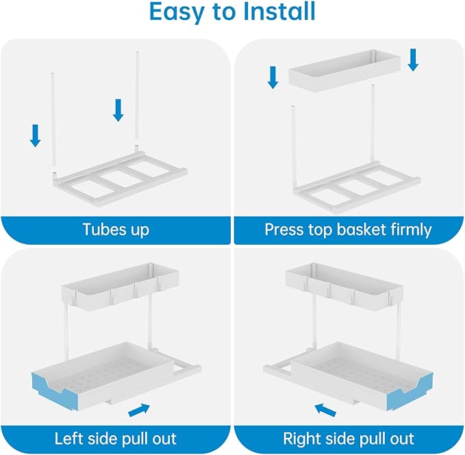 2-Tier Under Sink Organizers and Storage 2 Pack Sliding L-shape Under Cabinet Organizers For Narrow Space Multi-purpose Sink Organizer for Bathroom Kitchen Drawer(White 2 Pack)
