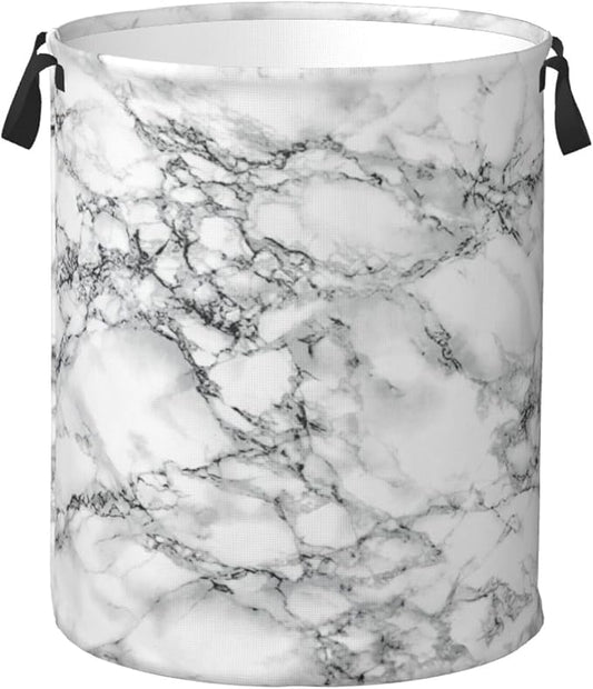 Black And White Marble Laundry Hamper Bag With Waterproof Liner - Round Laundry Basket Foldable Clothes Storage Organizer For Bathroom Bedroom Nursery Dorm, S-16.5"X 13.8"