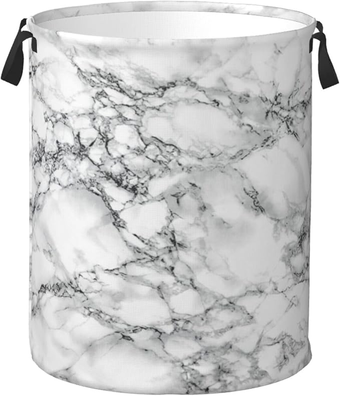 Black And White Marble Laundry Hamper Bag With Waterproof Liner - Round Laundry Basket Foldable Clothes Storage Organizer For Bathroom Bedroom Nursery Dorm, M-19.6"X 15.7"