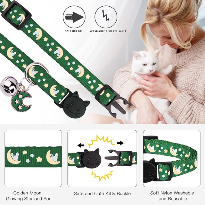 2Pcs Breakaway Cats Collars Cat Collars for Boy & Girl Cats Adjustable Kitten Collars with Bell,Black+Emerald,8"-13.1"