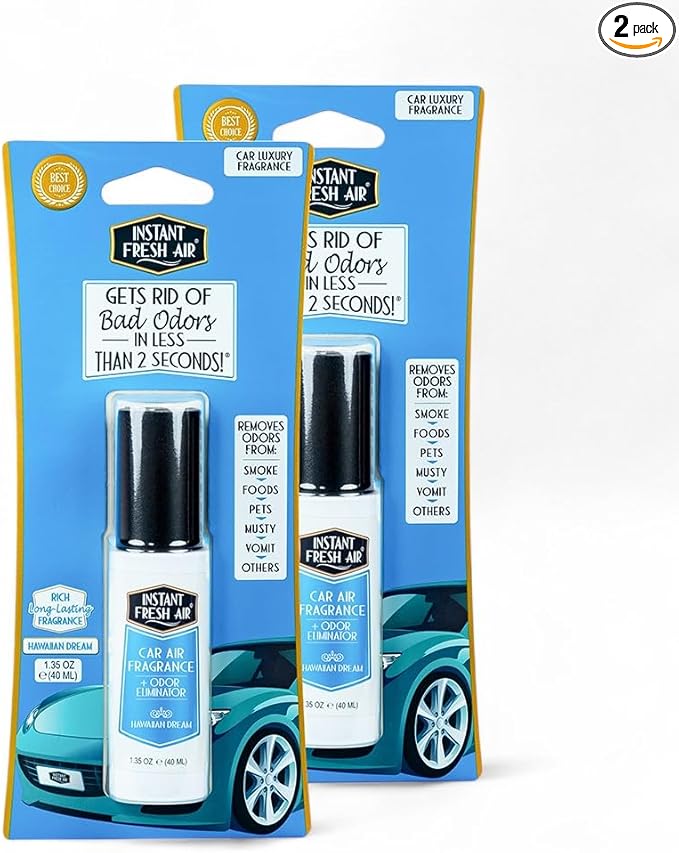 2-Pack: Dual-Action CAR AIR Freshener Hawaiian Dream -Instantly Eliminates Odors from Smoke, Food, Pets, Must in 2 Seconds, For Commuters, Pet Owners, Rideshare Drivers 1.35 Oz. - INSTANT FRESH AIR