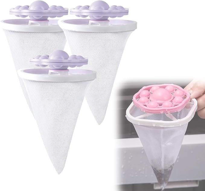 3PCS Floating Hair Filtering Mesh Removal, Reusable Lint Catcher for Washing Machine Wool Device, Pet Hair Remover Hair Filter Cleaning Mesh Bag (Purple)