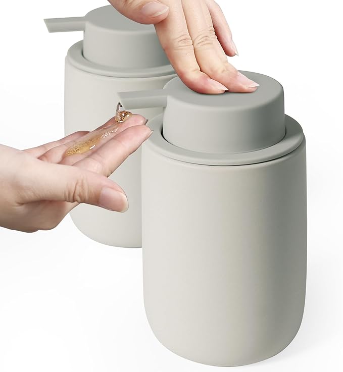 INGOFIN Ceramic Lotion Soap Dispenser Set, 2 Pack (12 oz) Bathroom Hand Soap Dispenser with Pump, Liquid Hand and Dish Soap Dispenser Set, 8 Pcs Clear Stickers,for Kitchen, Bathroom- Grey