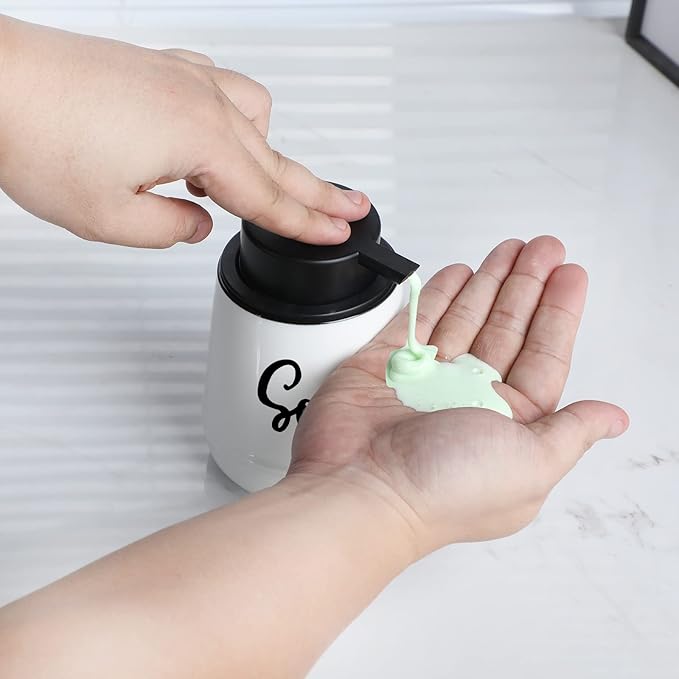 LEETOYI Bathroom Countertop Dispensers Modern Ceramic Soap Lotion Dispenser Bottles, Hand Soap Dispenser for Bathroom, Dish Soap Dispenser for Kitchen, Easy to Press Pump (White, Labeled Soap)