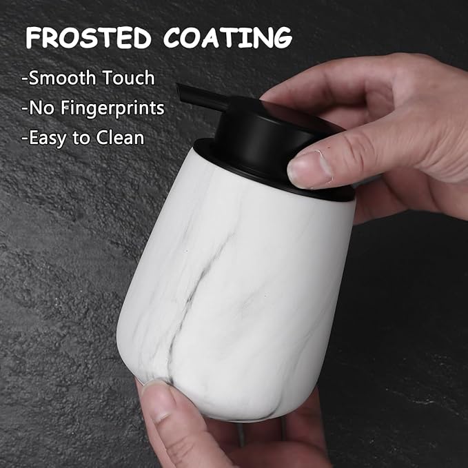 12Oz Foaming Hand Soap Dispenser - Ceramic Bathroom Foam Soap Dispenser with Easy-to-Press Black Pump, Refillable Lotion Hand Dispenser, Dish Soap Dispensers for Kitchen, Marble White