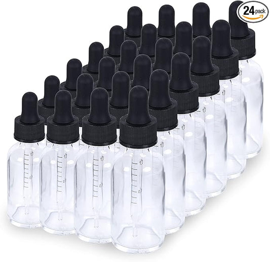 2 oz Dropper Bottle 24 Pack Clear Glass Boston Bottles 60ml with Eye Droppers Black Caps for Essential Oils, Perfume, Leak Proof Travel Bottles for Liquids