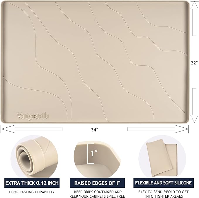 Heavy Duty Silicone Under Sink Mat for Kitchen&Bathroom 22" x 19",Waterproof Under Sink Rubber Mat Drip Tray, Raised Edge Under Sink Liner,Prevent Drips, Leaks, Spills,Beige