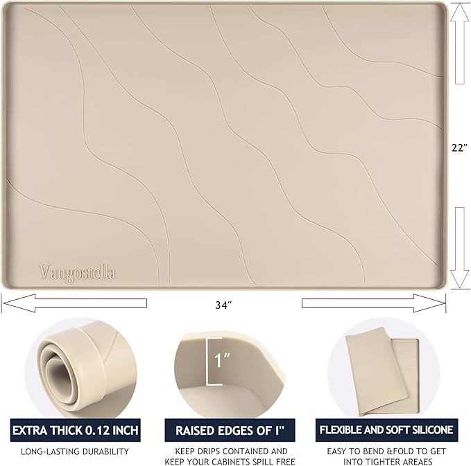 Heavy Duty Under Sink Mat,28" x 22" Silicone Waterproof Mat,Extra Thick Under Sink Liner,Kitchen Bathroom Cabinet Mat and Protector for Drips Leaks Spills,Taupe