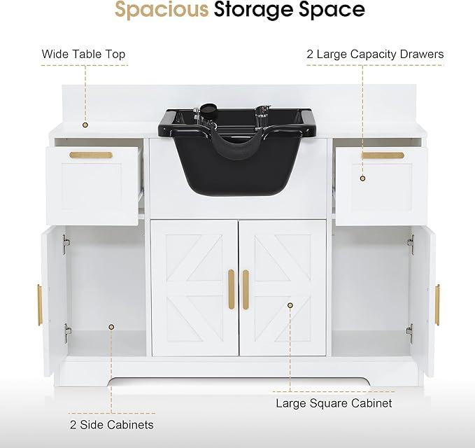 BarberPub Portable Shampoo Station, Shampoo Bowl with Cabinet & Drawer, Salon Geometric Finish Station with Sprayer Faucet, Barber Storage Equipment with Hair Wash Backwash Sink 3439 (White & Black)