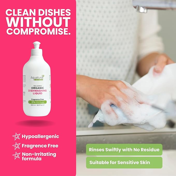 Organic Dishwashing Liquid - Natural Dish Washing Liquids Cleaner - Kitchen Unscented Dish Soap Liquid - Gentle Dishwash for Sensitive Skin - Plant-Based & Fragrance Free (16.9 fl oz)