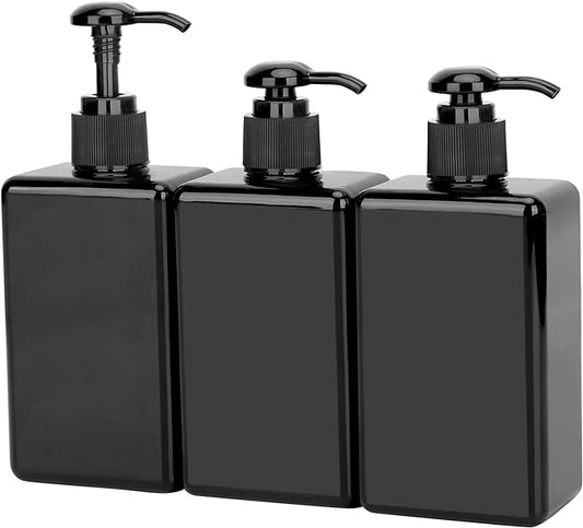 Suream Empty Shampoo Bottles with Pump, 3Pack 9.5oz/280ml Refillable Body Wash Dispensers for Shower, Black Plastic Countertop Soap Bottle for Bathroom, Kitchen Sink, Hotle, Salon
