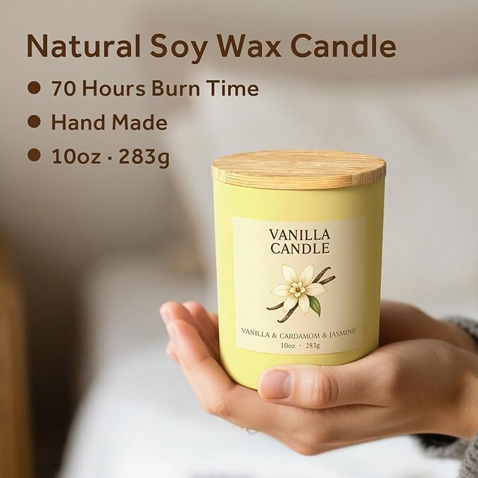 NORVENCE Vanilla Candle, Vanilla Scented Candles for Women, 10oz Soy Candles with Bamboo Lid for Home Scented, Birthday Gifts for Women and Men, Hand-Poured Candle for Relaxation, Home Decor