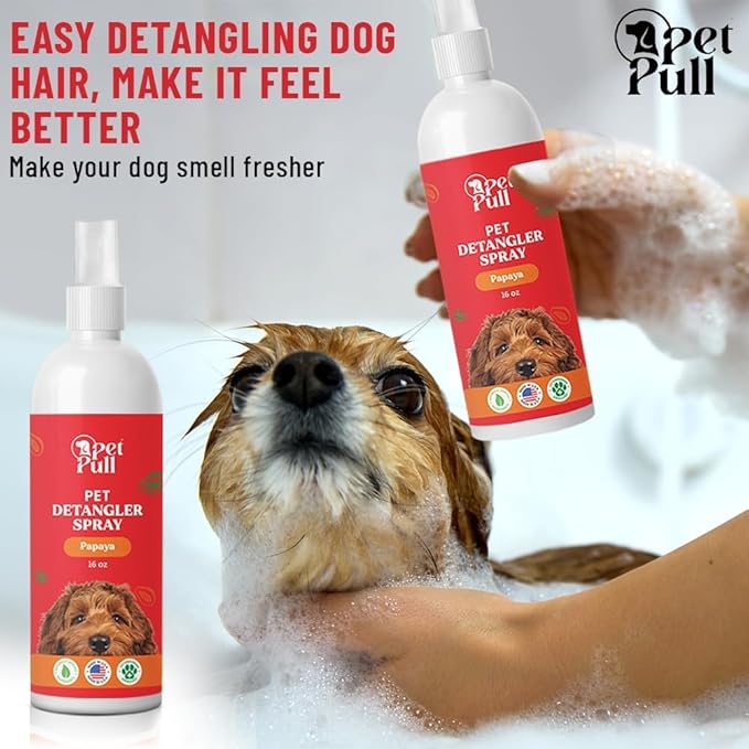 Detangler Spray - Dog Grooming Puppy Detangler Spray to Comb Through Knots, Mats, and Tangles - Detangling Spay for Dogs Pet Papaya Scent - Made in The USA (16 Oz)