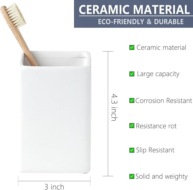 White Ceramic Toothbrush Holder - Square Bathroom Toothbrush Holder, Toothbrush Cup Holder Aesthetic Toothpaste Holder, Modern Family Size Toothbrush Organizer, Bathroom Tumbler Cup