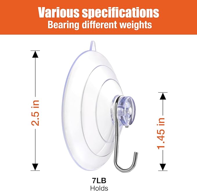 2.5-inch Large Suction Cup Hooks, Heavy-Duty Suction Hook for Bathrooms, Showers, Kitchens, and Outdoor Glass Doors or Windows to Suspend Garlands (7 Lb / 6-Pack)