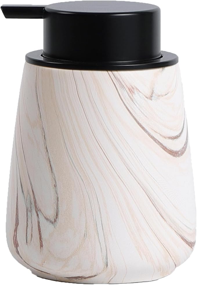 12Oz Ceramic Liquid Soap Dispenser - Modern Lotion Hand Soap Dispenser with Easy-to-Press Black Pump, Reusable and Refillable Dish Soap Dispensers for Bathroom & Kitchen, Marble Brown