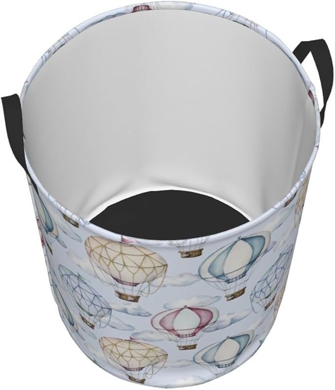 Watercolor Hot Air Balloons And Clouds Laundry Hamper Bag With Waterproof Liner - Round Laundry Basket Foldable Clothes Storage Organizer For Bathroom Bedroom Nursery Dorm, S-16.5"X 13.8"