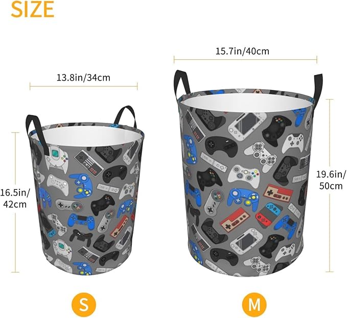 Video Game Grey Background Laundry Hamper Bag With Waterproof Liner - Gaming Theme Round Laundry Basket Foldable Clothes Storage Organizer For Bathroom Bedroom Nursery Dorm, M-19.6"X 15.7"