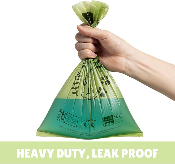 100% Certified Compostable Dog Waste Bags, 300 Count, ASTM D6400 Standard, OK Compost, 9 IN x 13IN, Unscented (20 Rolls, 15 Bags)