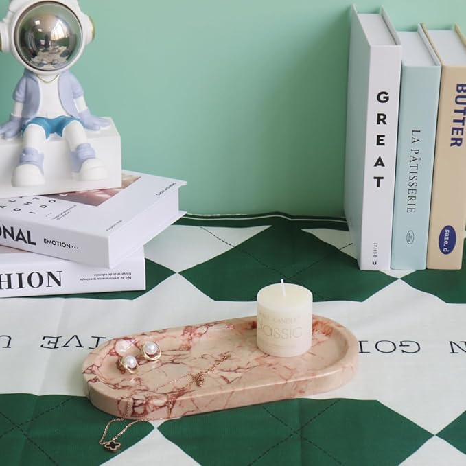 Natural Marble Tray, Oval Vanity Decorative Tray for Bathroom Counter, Countertop Stone Organizer, Catchall Tray for Kitchen, Perfume, Candles, Jewelry Dish Decorative Tray