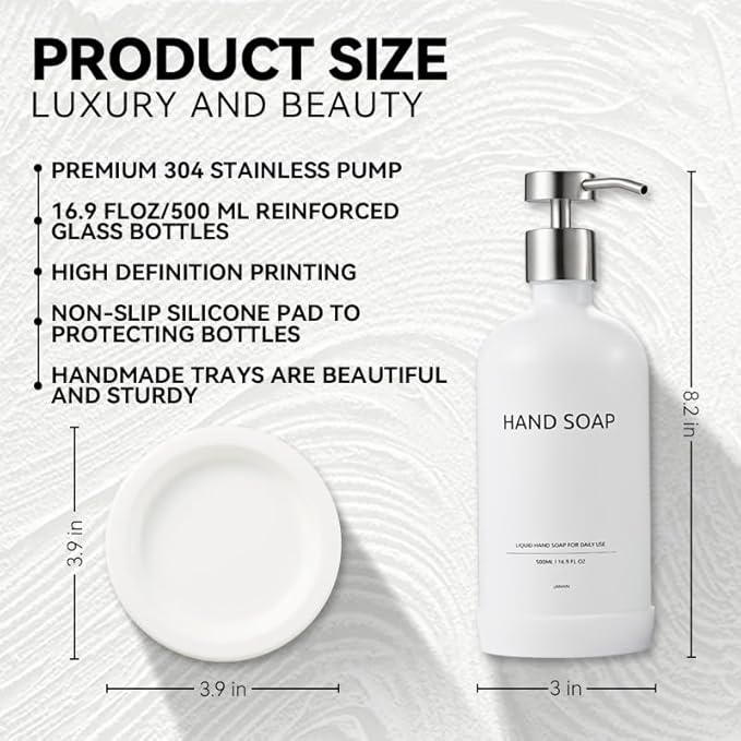 Glass Soap Dispenser Set by Janxin,Bathroom Soap Dispenser Set with Ceramic Tray,Luxury Bathroom Accessories,Modern Kitchen Decor (White+Silver(Hand Soap))