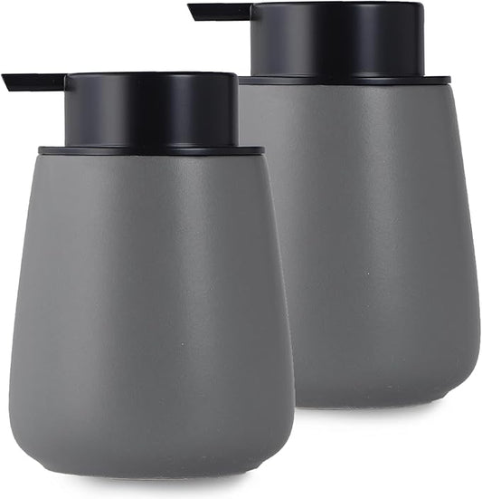 12Oz Grey Soap Dispenser Set - Ceramic Lotion Hand Soap Dispenser Set with Easy-to-Press Black Pump, Refillable Mordern Liquid Dish Soap Dispensers for Bathroom & Kitchen, 2 Pack