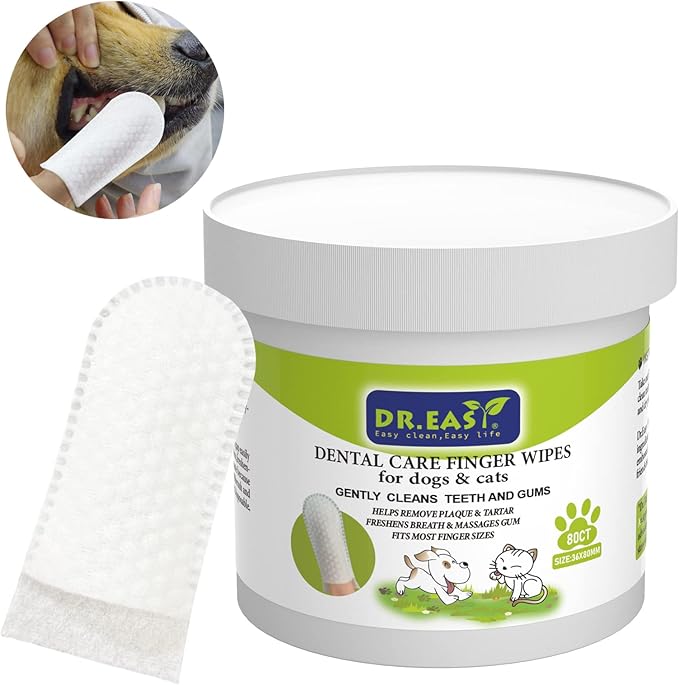 DR.EASY Breath Freshener Dental Finger Wipes 80ct for Dog & Cat, Help Wipe Away Plaque&Tartar, No Added Harsh Chemicals No Brush Formula