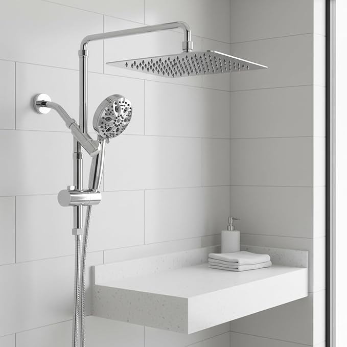 12 Inch Rain Shower Head with 8-Setting Handheld Spray Combo, Metal Height Adjustable Shower Arm, Slide Bar with Holder, Stainless Steel Hose, Chrome