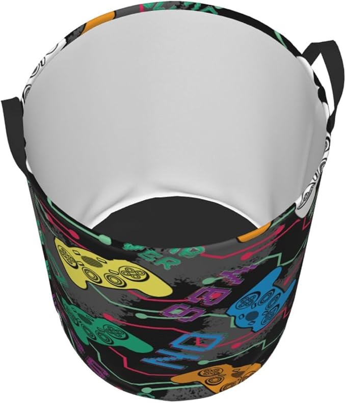 Colorful Game Joysticks Laundry Hamper Bag, Video Game Controller Background Round Laundry Basket Foldable Clothes Storage Organizer For Bathroom Bedroom Nursery Dorm, S-16.5"X 13.8"