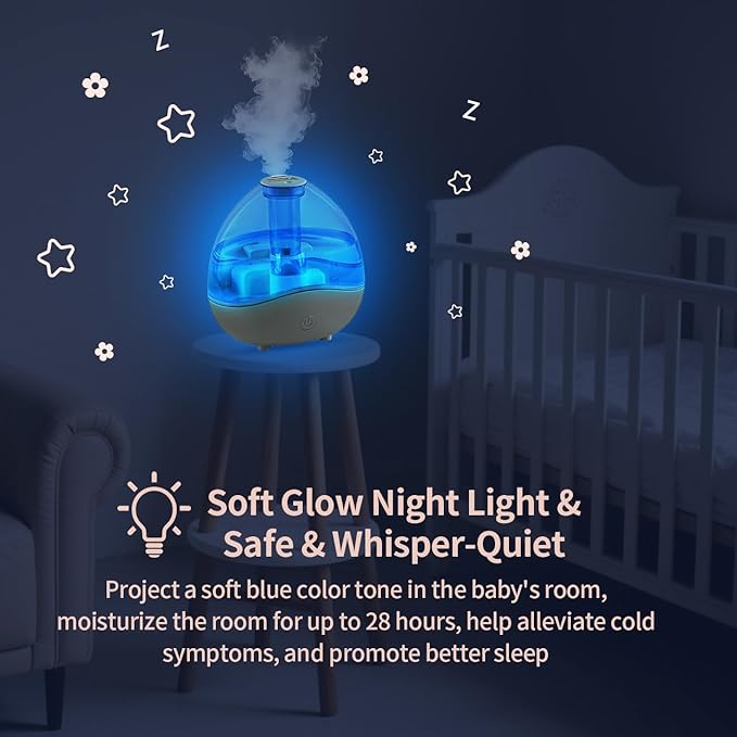 1.5L Cool Mist Humidifier for Bedroom with 360° Adjustable Nozzle, Quiet Ultrasonic Air Humidifier For Babies Nursery, Office, Indoor Plants, Auto-Shut Off,Light-Off,High and Low Mist Levels
