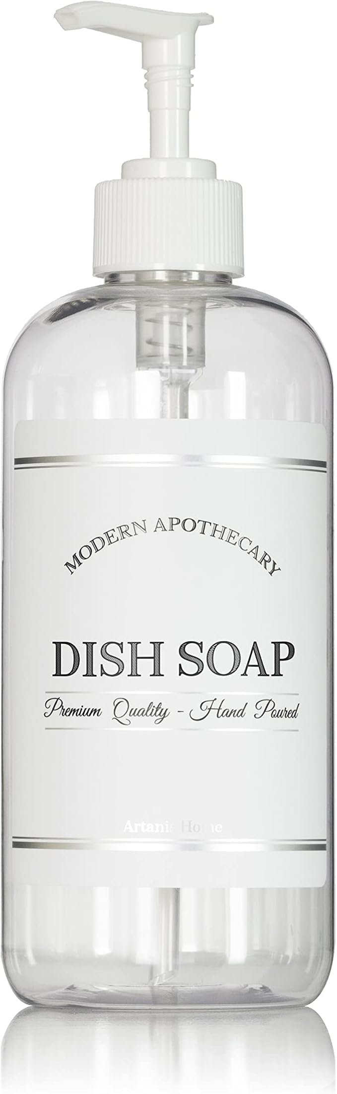 Refillable Clear PET Plastic 16 oz Dish Soap Bottle with White Plastic Pump Dispenser - Chrome Accent Waterproof Labeled Bottle