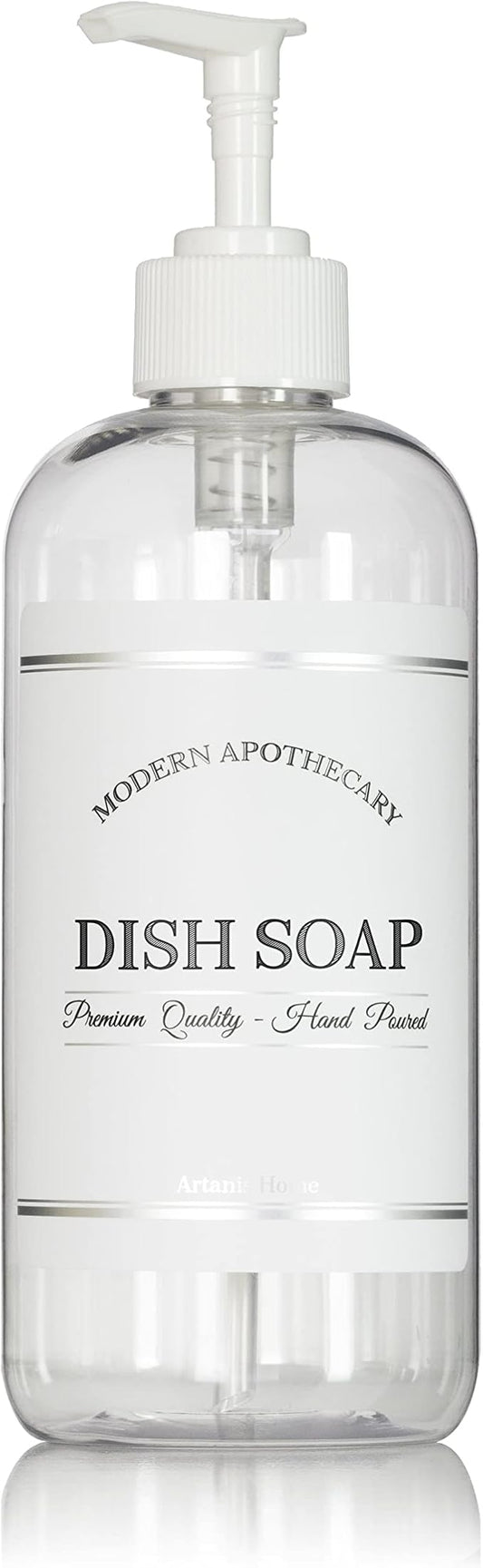 Refillable Clear PET Plastic 16 oz Dish Soap Bottle with White Plastic Pump Dispenser - Chrome Accent Waterproof Labeled Bottle