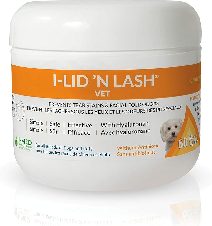 I-LID ’N LASH Vet Dog Eye Wipes - Best Tear Stain Preventer for Dogs (60 Wipes) | Prevents Puppy Tear Stains with Hyaluronan | Cat Eye Wipes for Discharge - No Antibiotics or Harmful Chemicals