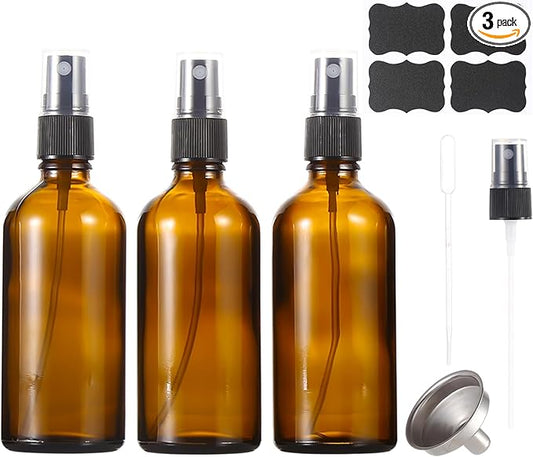 3.4oz Amber Glass Spray Bottles,Empty Fine Mist Refillable Travel Spray Bottle for Cleaning,Perfume,Aromatherapy,Cosmetic Sprays,Hair,Essential Oils with Fine Mist Dispenser（3 Pack）